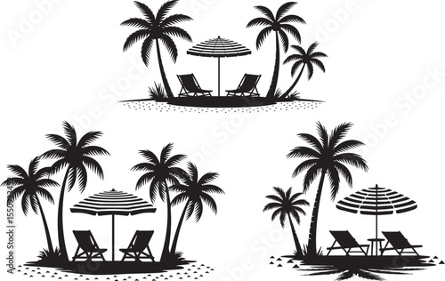 Tropical Beach Chairs and Umbrella Silhouette Set with Palm Trees