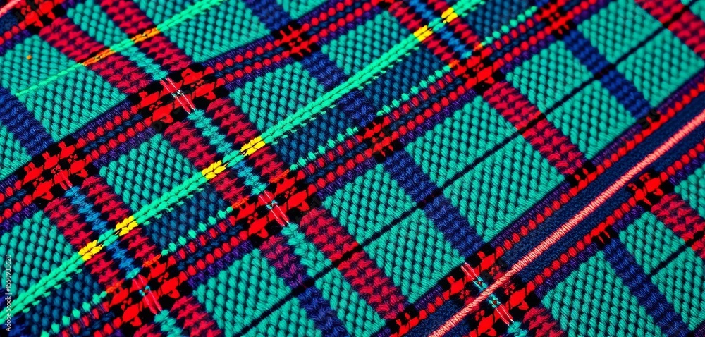 Intricate, richly colored woven tartan fabric showing classic design details, elegant, lines Intricate, richly colored woven tartan fabric showing classic design details, elegant, lines