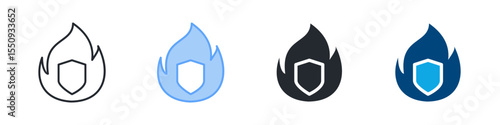 Fire Shield Icon Set Multiple Style. Designed In Outline, Blue, Glyph, Dual Tone