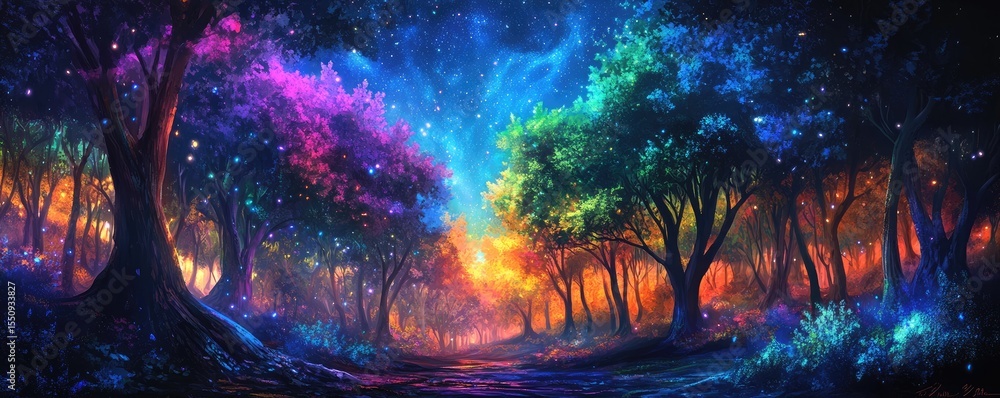 Fototapeta premium A vibrant, colorful fantasy forest bathed in luminous light