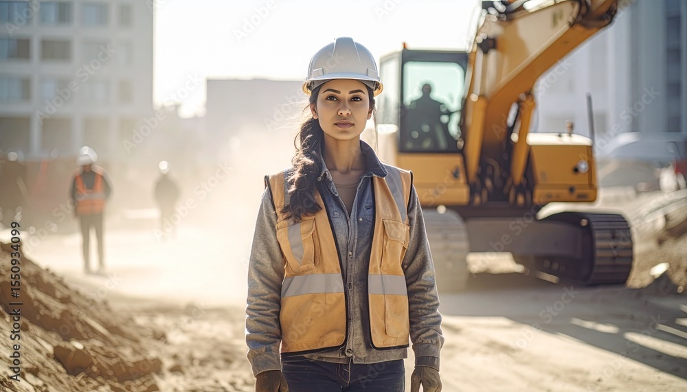 Close-Up of a Young Female Worker at a Construction Site. Heavy Equipment Operator. Woman in Construction. Close-Up of a Young Female Worker at a Construction Site. Heavy Equipment Operator. Woman in Construction.