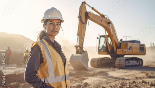 Close-Up of a Young Female Worker at a Construction Site. Heavy Equipment Operator. Woman in Construction.