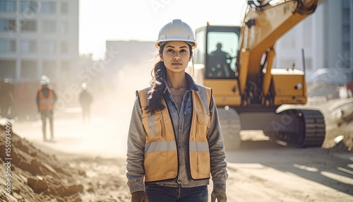 Close-Up of a Young Female Worker at a Construction Site. Heavy Equipment Operator. Woman in Construction.