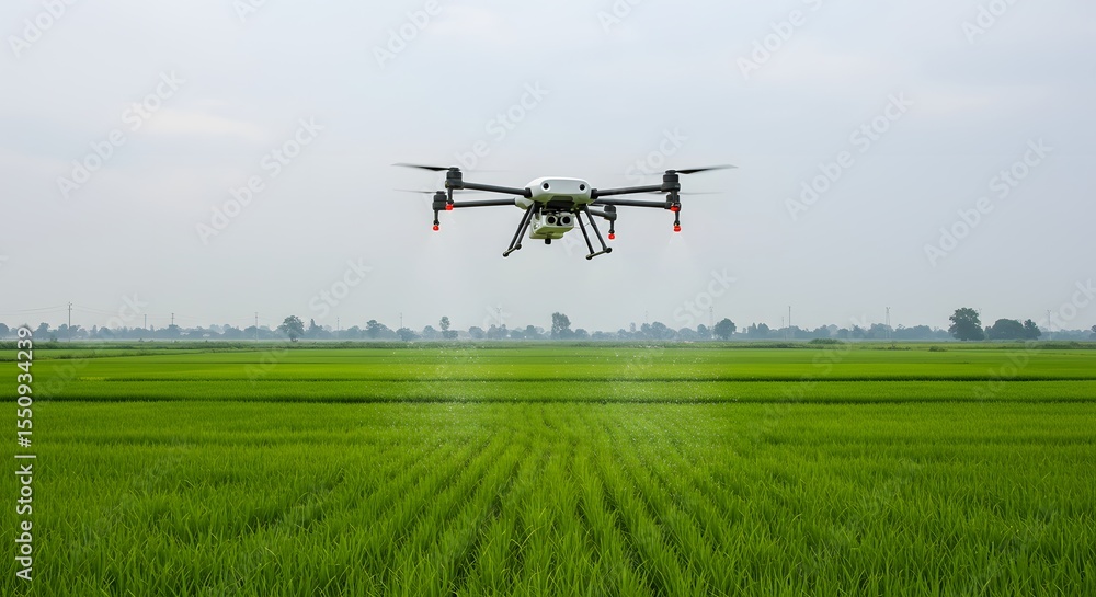 Fototapeta premium Drone spraying fertilizer in a rice field modern agriculture concept