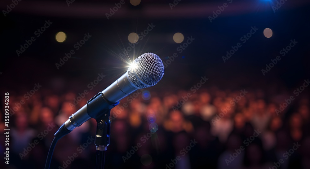 Obraz premium Microphone on stage with an audience in the background