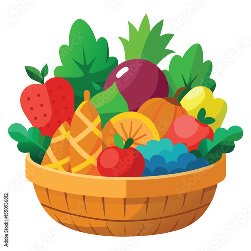 Tropical fruit basket with pineapple berries and citrus flat vector