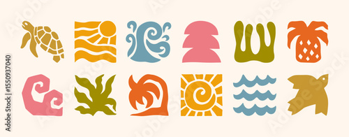 Groovy Summer Icons in Boho Style. Vector Abstract Square Tropical Illustrations in Freehand. Geometric Bird, Sun, Sea Wave, Palm, Flower, Pineapple and Turtle for Logo, Patterns, Print, Stickers