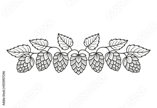 Decorative black line art border with hops and leaves on white background
