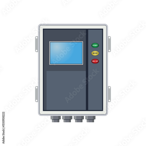 Illustration of a solar inverter with a digital screen and LED indicators for power, fault, and status. Perfect for representing solar energy systems, control, and power conversion.