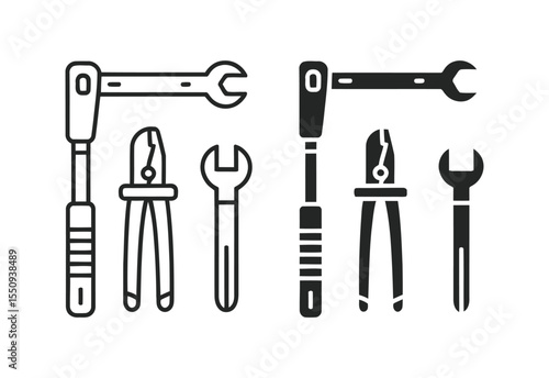 Collection of stylized hand tools including wrenches and pliers in black and white
