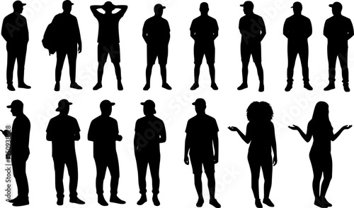 Vector silhouettes men and women, illustration. Silhouettes of young people posing in casual clothes. EPS 10 version.