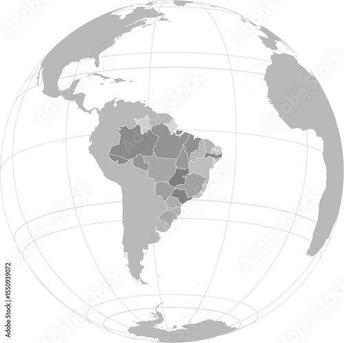 World vector map with Brazil level 1 administrative boundaries and graticules (Brazil-centered and highlighted view, orthographic projection, PPT-compatible & fully editable)	