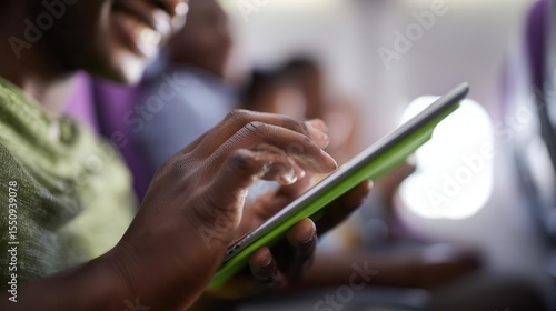 Hands using tablet in flight