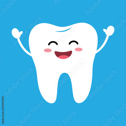 Happy Cute Cartoon Tooth Character on Blue Background

