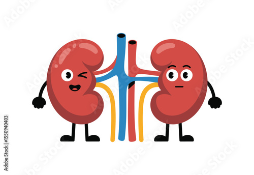 Cute cartoon kidneys with happy and surprised expressions next to blood vessels