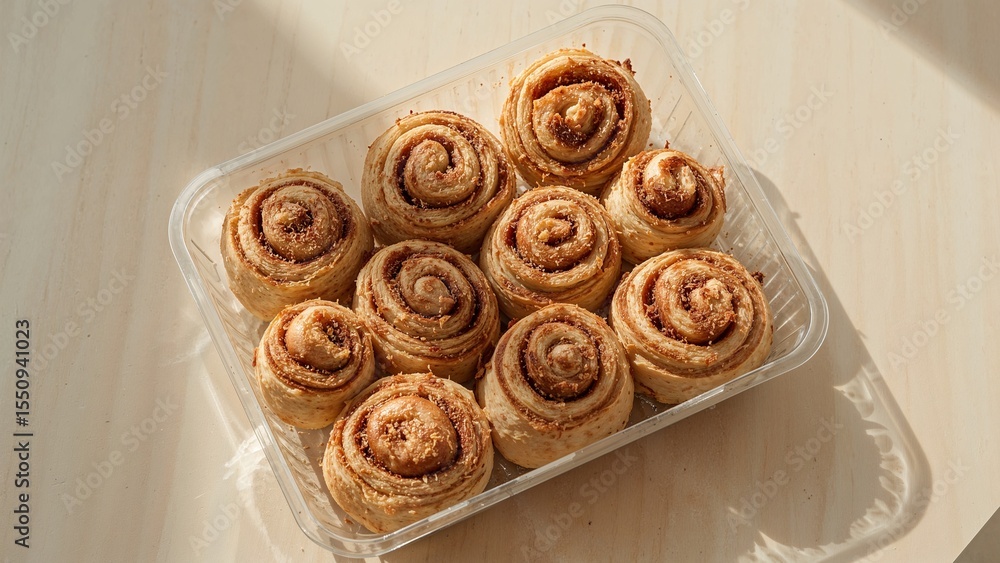 Fototapeta premium Top view of bite size cinnamon swirl rolls in a plastic tray illuminated with natural light.