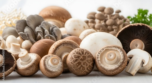 A Diverse Collection of Edible Mushrooms Cultivated and Wild Varieties, Textures, and Colors