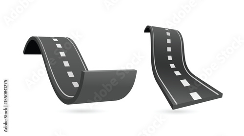 Two types of roads on a white background. Type 1 is an uphill road with a steep slope. Type 2 is a downhill road with curve. vector 3d illustration isolated for designing transportation and logistics