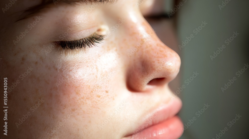 Naklejka premium Close-up of healthy glowing human skin texture with smooth surface and natural tone, dermatology and skincare concept for beauty products or medical treatment.