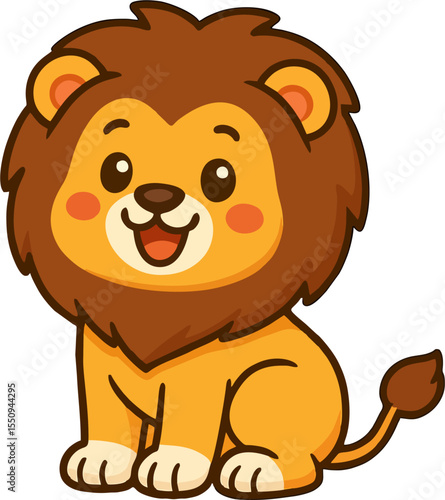 cute cartoon lion character sitting with big mane and smile for kids vector animal illustration