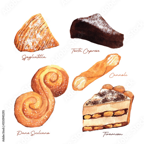 Watercolor Illustration of Italian Desserts: Cannoli, Tiramisu, Sfogliatelle, Torta Caprese, Pane Siciliano. Hand-painted in soft tones, for culinary designs, cookbooks, and food-themed banner