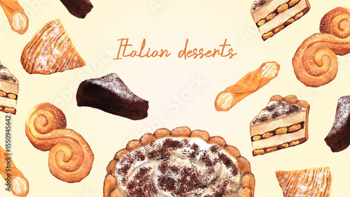 Watercolor Background with Italian Pastries – Classic Pastries in Soft Tones. Tiramisu, cannoli, torta caprese, sfogliatelle, and cannoli. Soft cream backdrop for bakery branding and wallpaper. 
