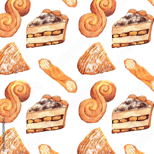 Watercolor Pattern of Italian Pastries – Sfogliatelle, Tiramisu, Cannoli, Pane Siciliano.  Shell-shaped layered pastry, dessert with mascarpone, for culinary and cooking banners. Seamless design.