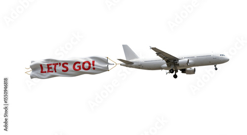 White plane with Lets Go banner flying against a black backdrop