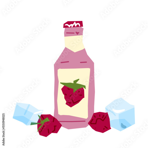 Strawberry Drink Bottle Illustration. Cartoon-style bottle with strawberry drink, surrounded by berries and ice cubes. Flat illustration with bright colors, front view, isolated on white background.