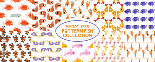 Seamless Cartoon Fish Pattern Pack. Collection of 10 seamless patterns with colorful cartoon fish in various shapes and styles. Flat illustration, bright palette, isolated on white background.