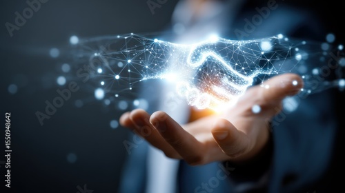 Businessman holding out his palm with a glowing digital handshake icon hovering above, close-up on confident eyes and extended fingers, overlay of smart procurement dashboard, 