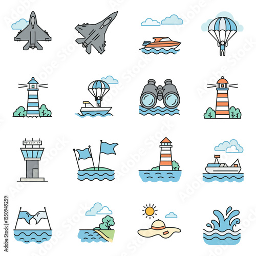 Collection of icons depicting various modes of transport, nautical elements, and recreational activities on water.