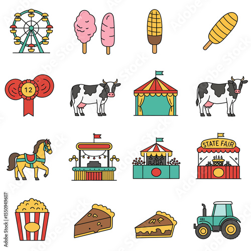 A collection of colorful icons representing a state fair, including food, rides, animals, and attractions.