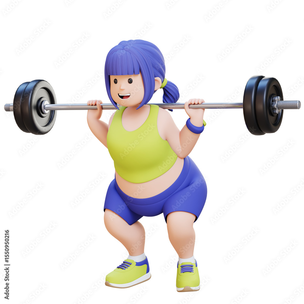 Obraz premium 3D Plus Size Overweight woman doing Barbell Squat Workout