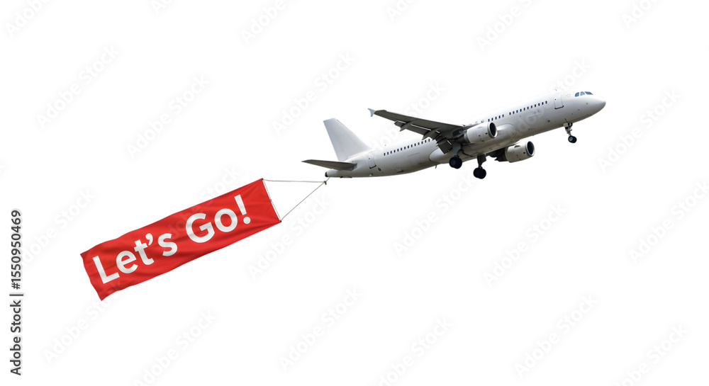 Fototapeta premium White airplane with a red banner that says Lets Go flying across a black background