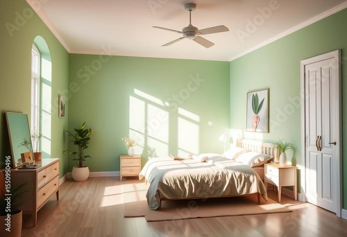 Pastel green wall, sunlit bedroom, bright airy space,  home decor,  furniture