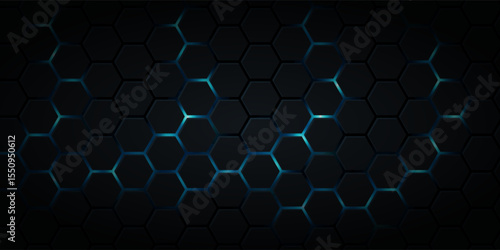 Dark blue technology hexagonal vector background. Abstract blue bright energy flashes under hexagon in navy blue technology, modern, futuristic vector illustration.