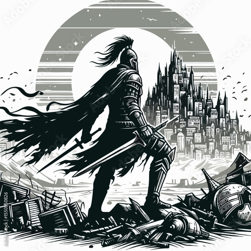 illustration of soldier with destroyed city