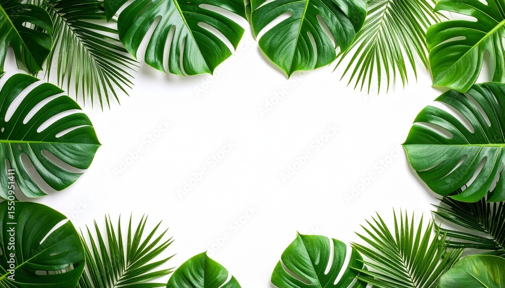 Tropical Green Monstera and Palm Leaves Frame on White Background Tropical Green Monstera and Palm Leaves Frame on White Background