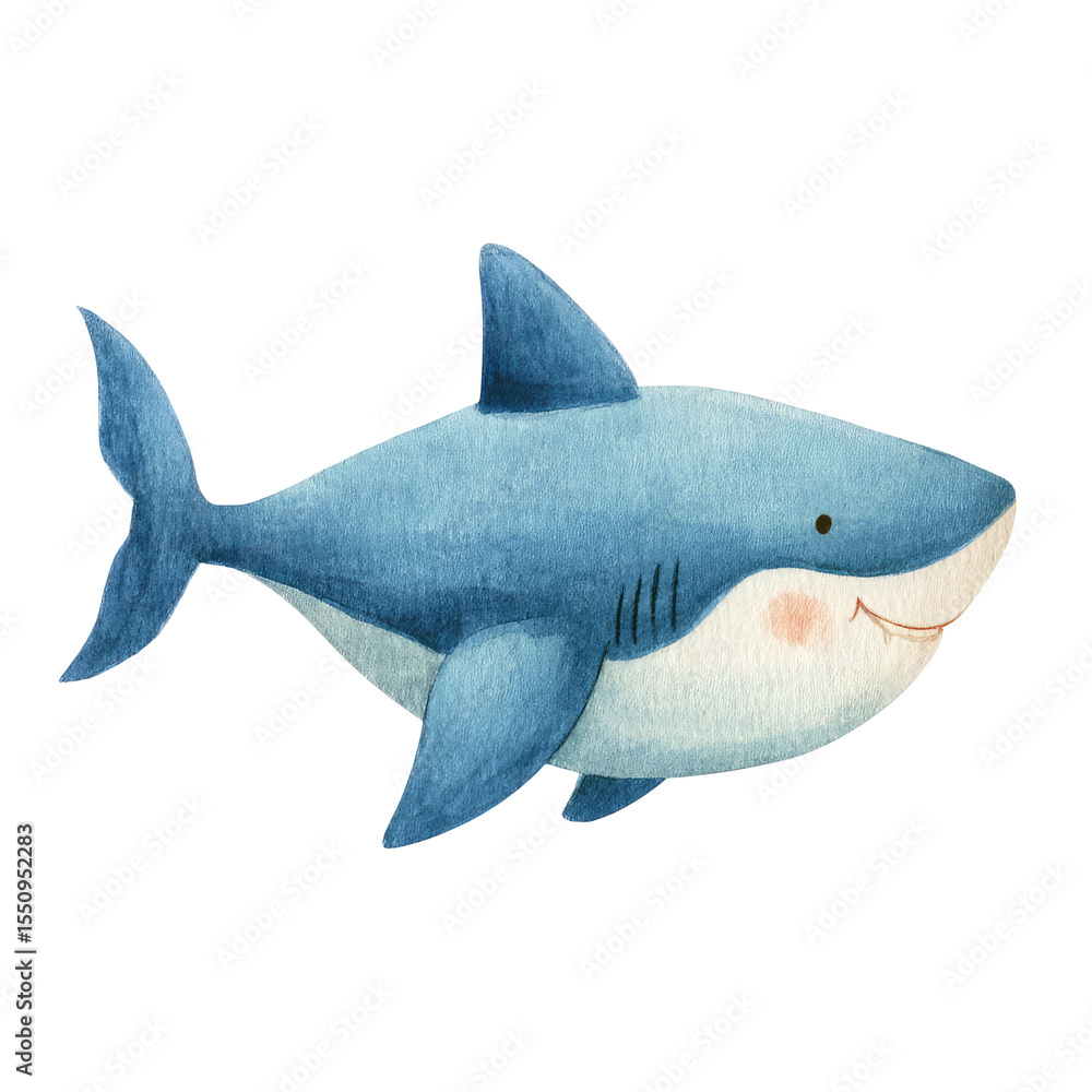 Obraz premium Adorable Watercolor Illustration of a Playful Shark Swimming in the Ocean