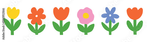 Abstract colorful flower drawing illustration set. Funny children art style floral doodle cartoon collection, hand drawn basic nature shapes on isolated background