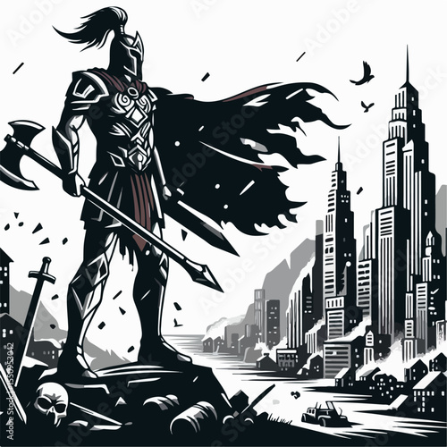 illustration of soldier with destroyed city