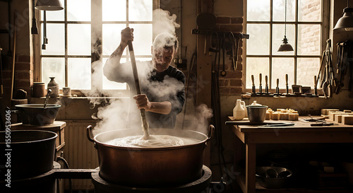 Artisan Man Stirring Boiling Soap Mixture in Traditional Workshop