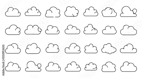 Set of vector cloud icons outline vector illustration. Meteorology weather forecast interface element