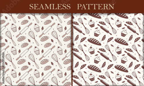 Delightful Seamless Baking Pattern Cupcakes, Bread, and Whisk Designs
