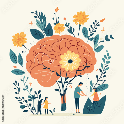 Hand irrigating blooming flowers on human brain