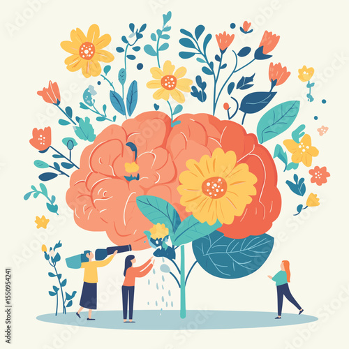 Hand irrigating blooming flowers on human brain