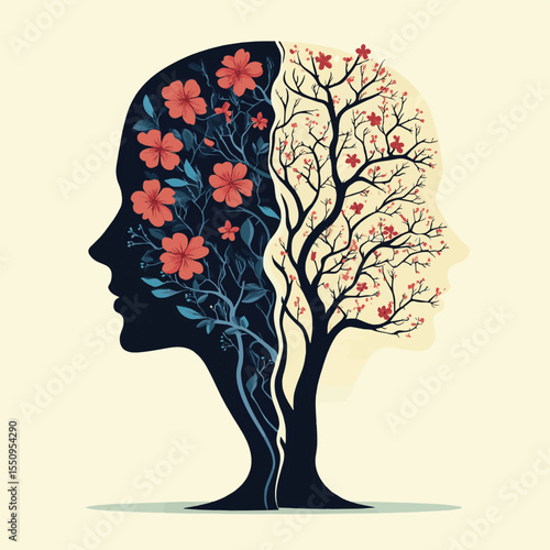 Mental health concept,Two Head silhouette with flowering tree and bare tree,Metaphor bipolar disorder mind mental disorder