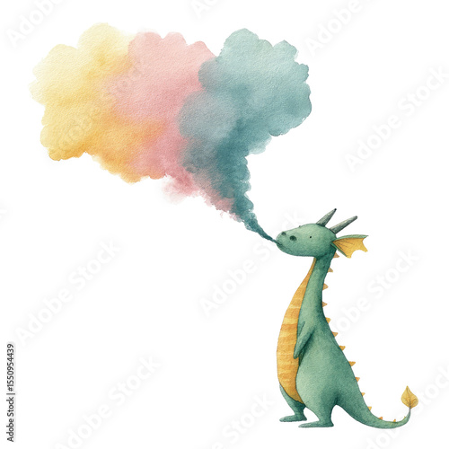 Whimsical Watercolor Illustration of a Charming Dragon Breathing Colorful Clouds of Joy and Imagination