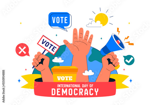 International Day of Democracy Vector Illustration on September 15 with Hands Holding Voting Papers for Resolution in a Flat Cartoon Style Background